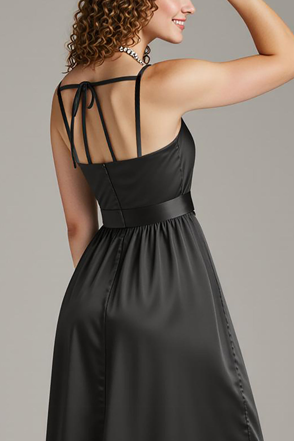 Black Satin Spaghetti Straps Sheath Long  Formal Dress with Slit