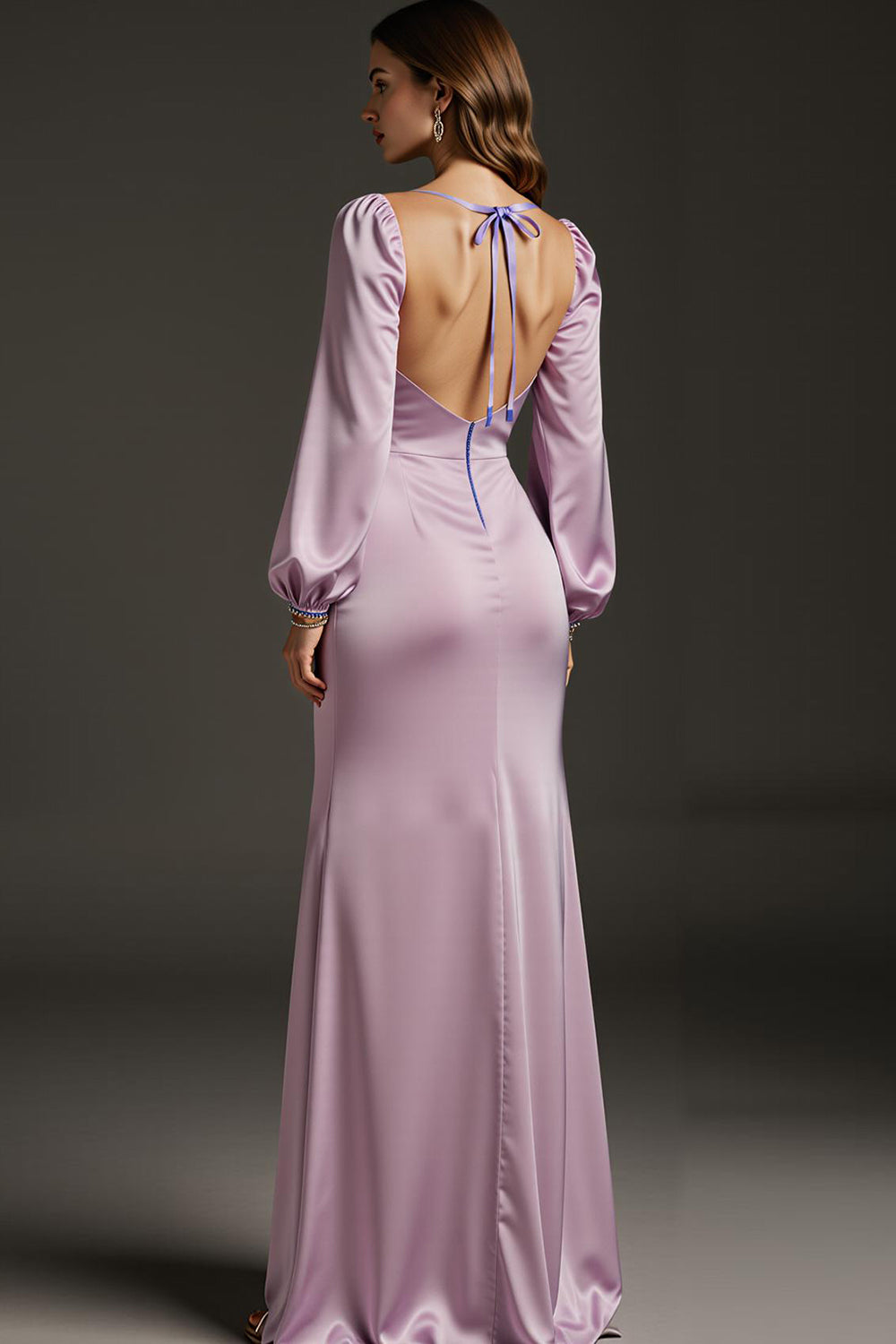 Light Purple Satin Mermaid Long Sleeves Formal Dress with Slit