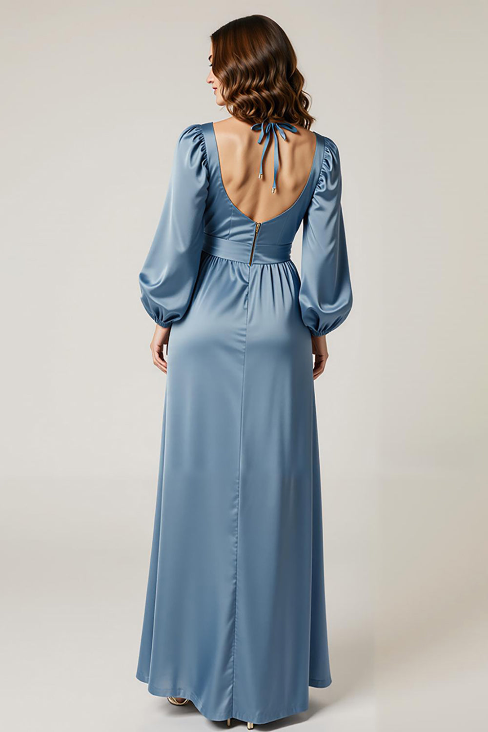 Lake Blue Satin Sheath Ruffle Long Sleeves Formal Dress with Slit