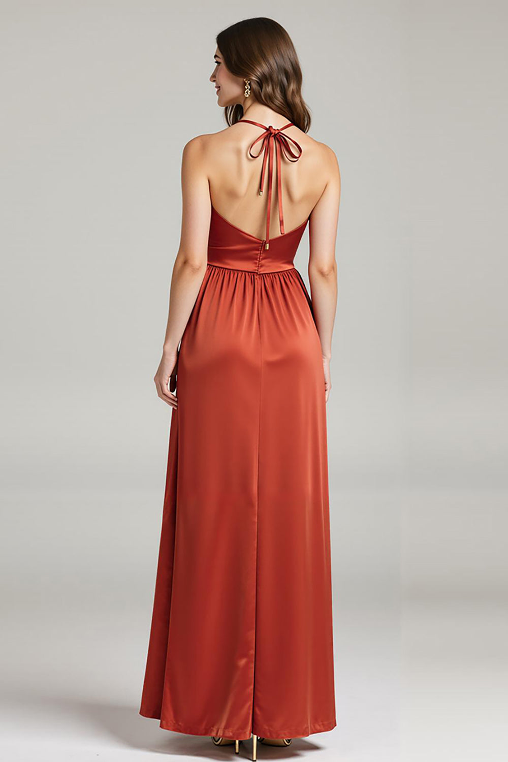 Burunt Orange Spaghetti Straps Ruched Long Formal Dress with Slit