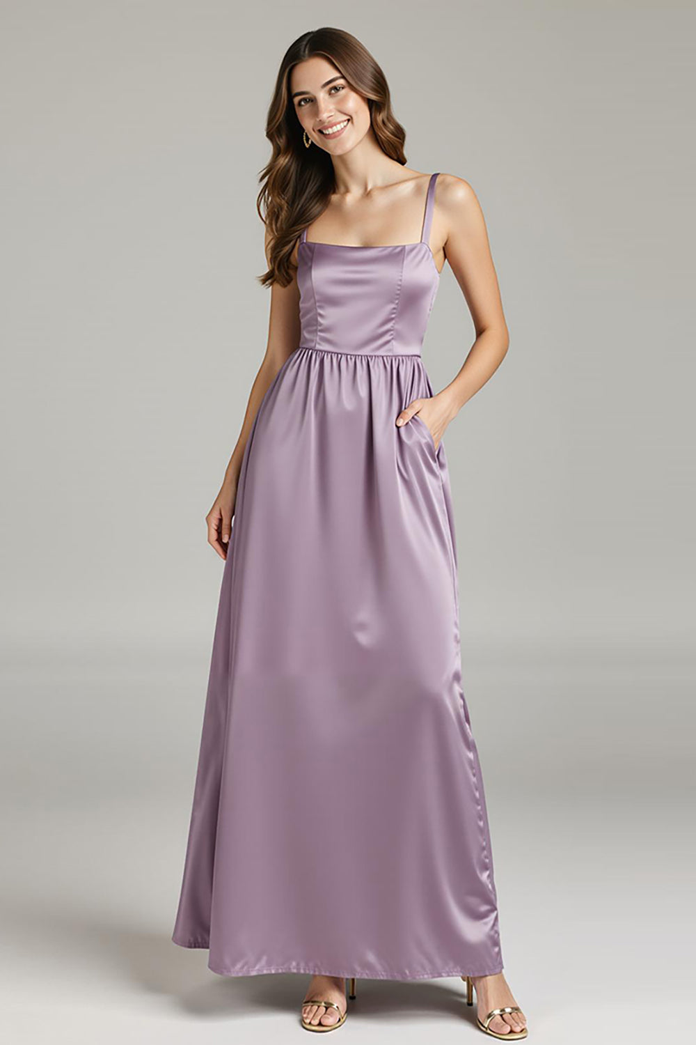 Light Purple Satin Spaghetti Straps A Line Formal Dress with Pockets