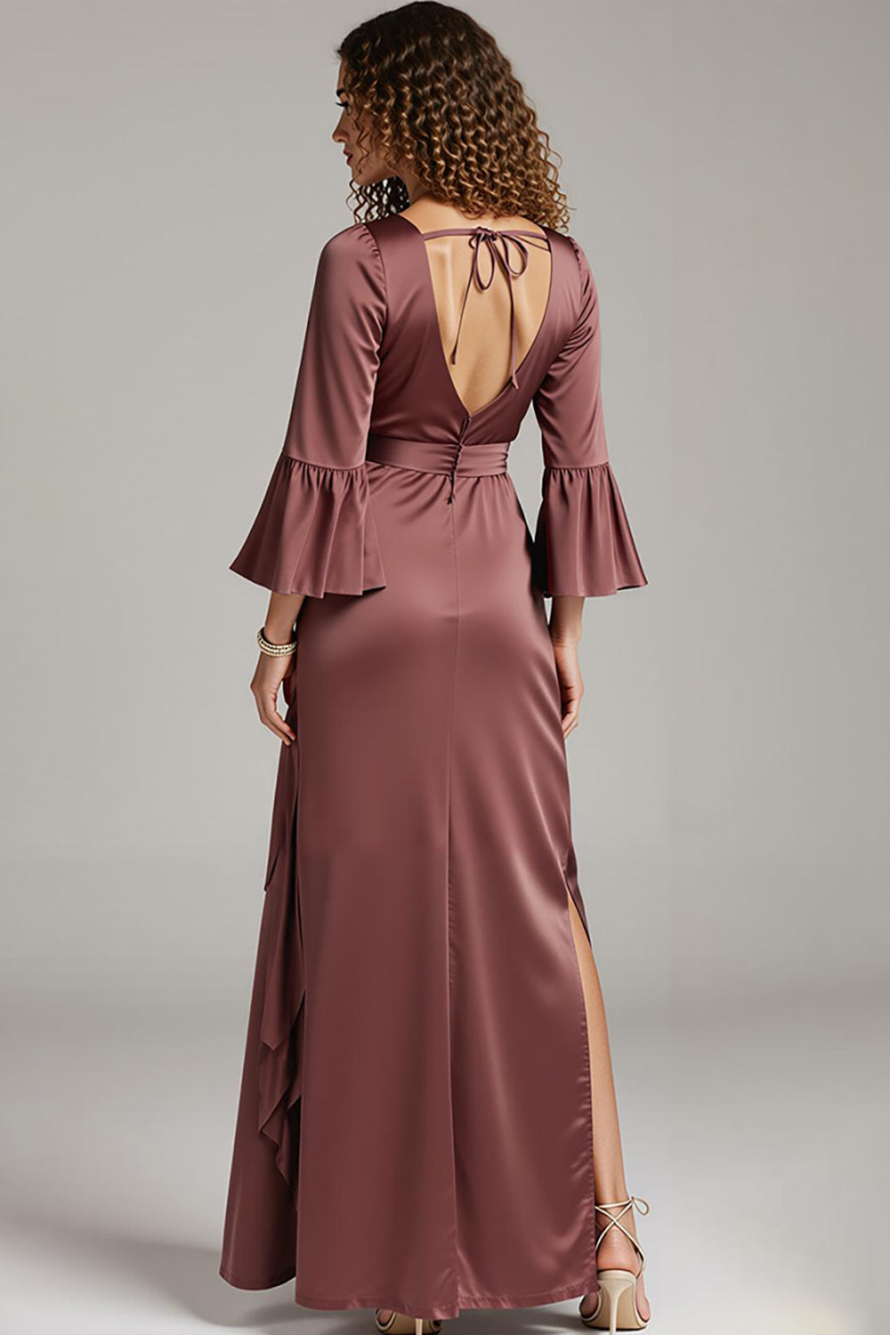 Coffee Satin Sheath V-Neck Long Formal Dress with Slit