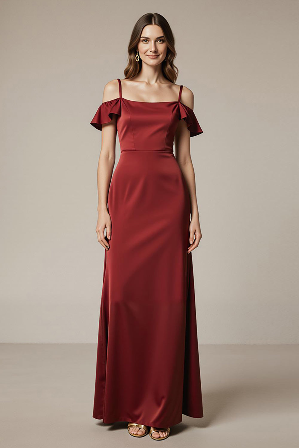 Red Cold Shoulder Satin Sheath Long Formal Dress