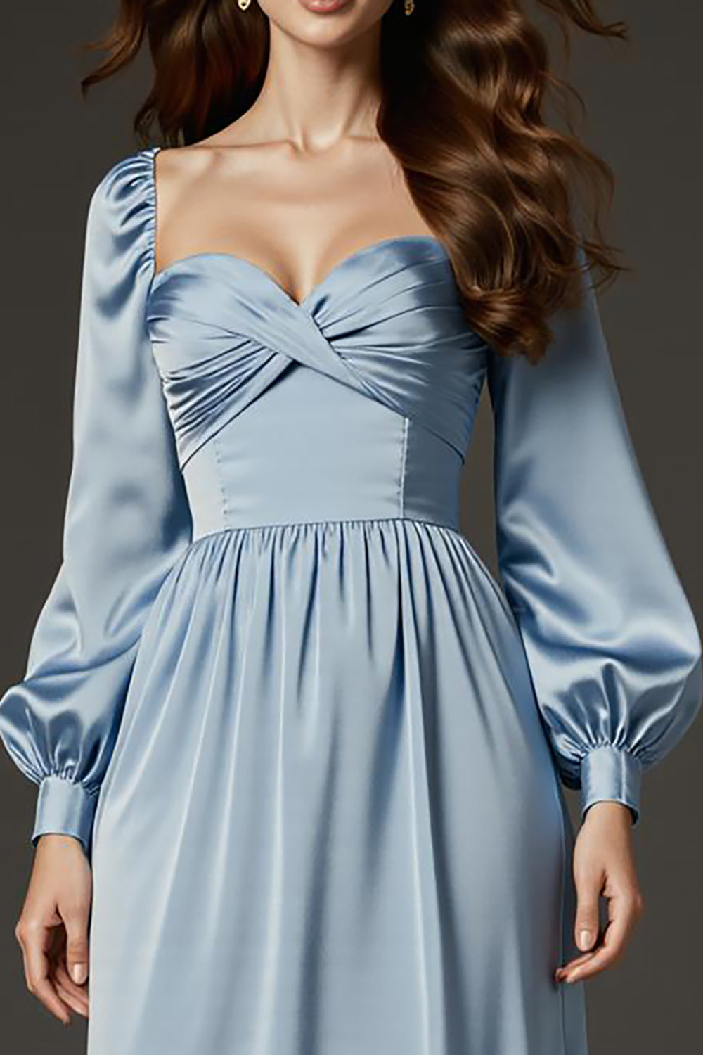 Light Blue Satin Sheath Sweetheart Long Formal Dress with Sleeves