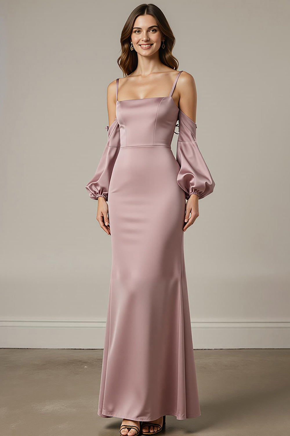 Light Pink Mermaid Satin Long Formal Dress with Sleeves