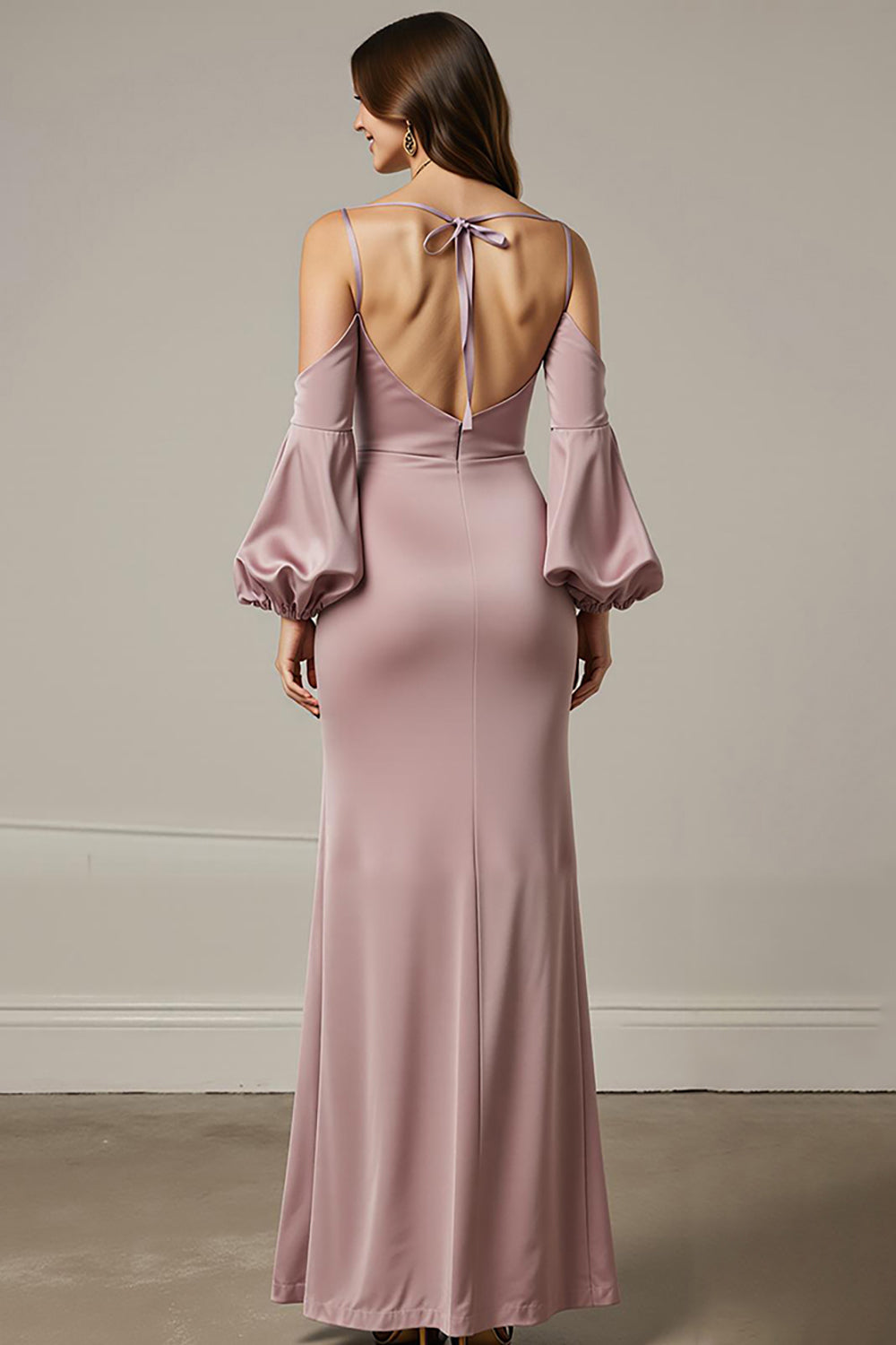 Light Pink Mermaid Satin Long Formal Dress with Sleeves