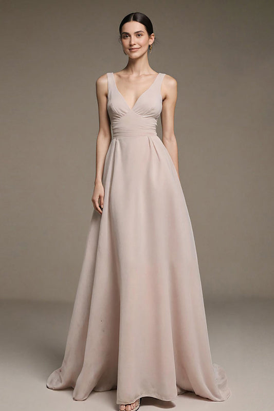 Ivory V-Neck A Line Long Formal Dress