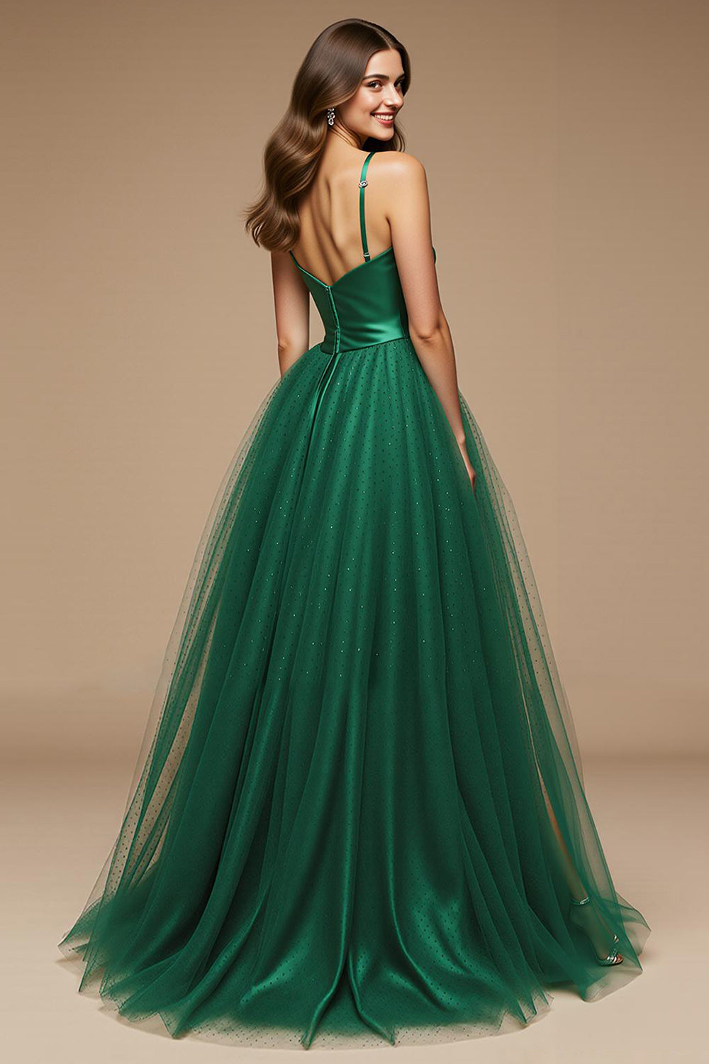 Green Spaghetti Straps A-Line Long Pageant Dress