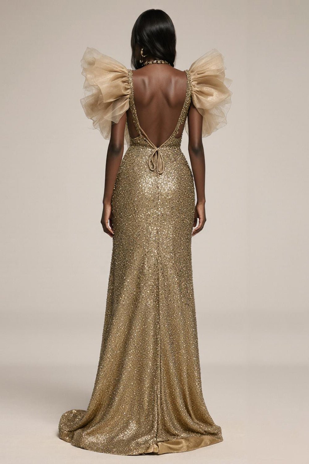 Sparkly Gold Mermaid Ruffled Pageant Dress with Slit
