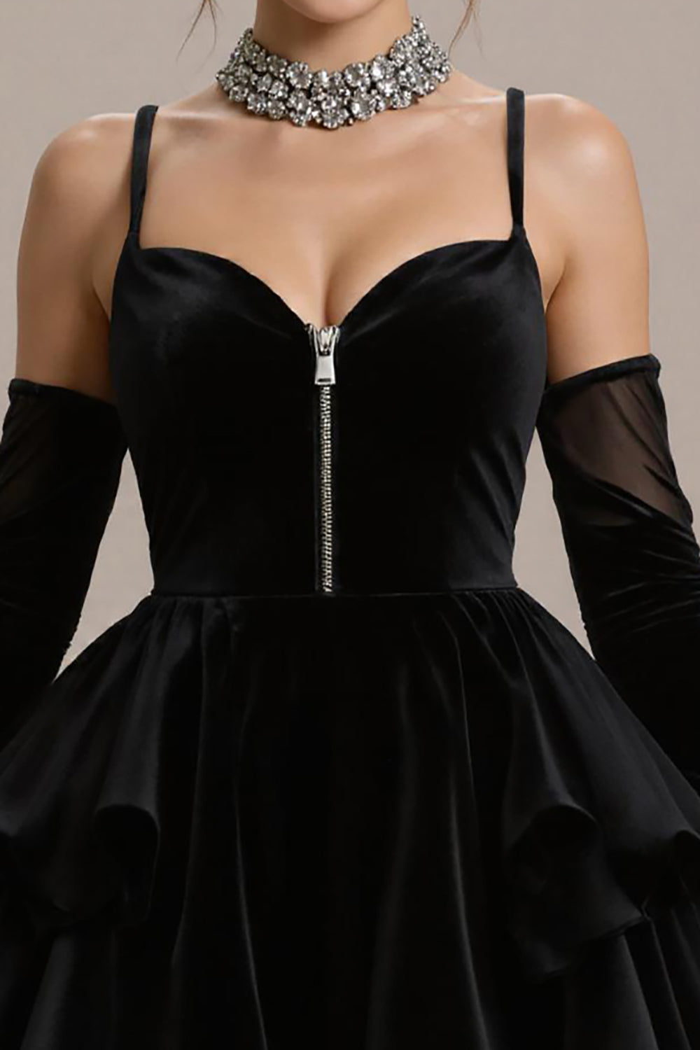 Black Velvet Ruffled Tiered A Line Short Cocktail Dress
