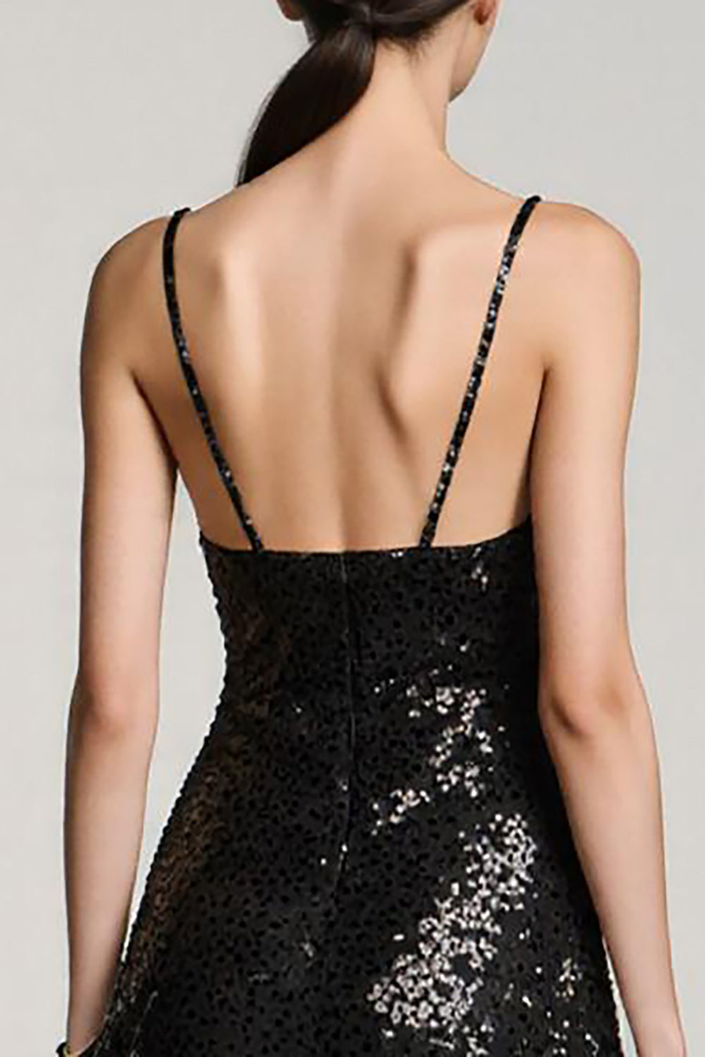 Sparkly Black Sequin A Line Spaghetti Straps Midi Cocktail Dress