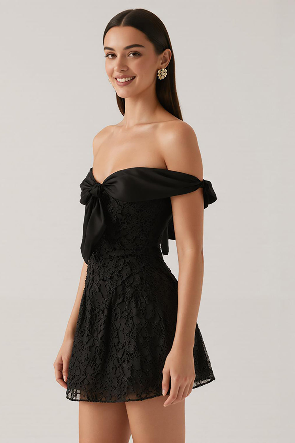 Black Lace A Line Off The Shoulder Short Cocktail Dress with Bow
