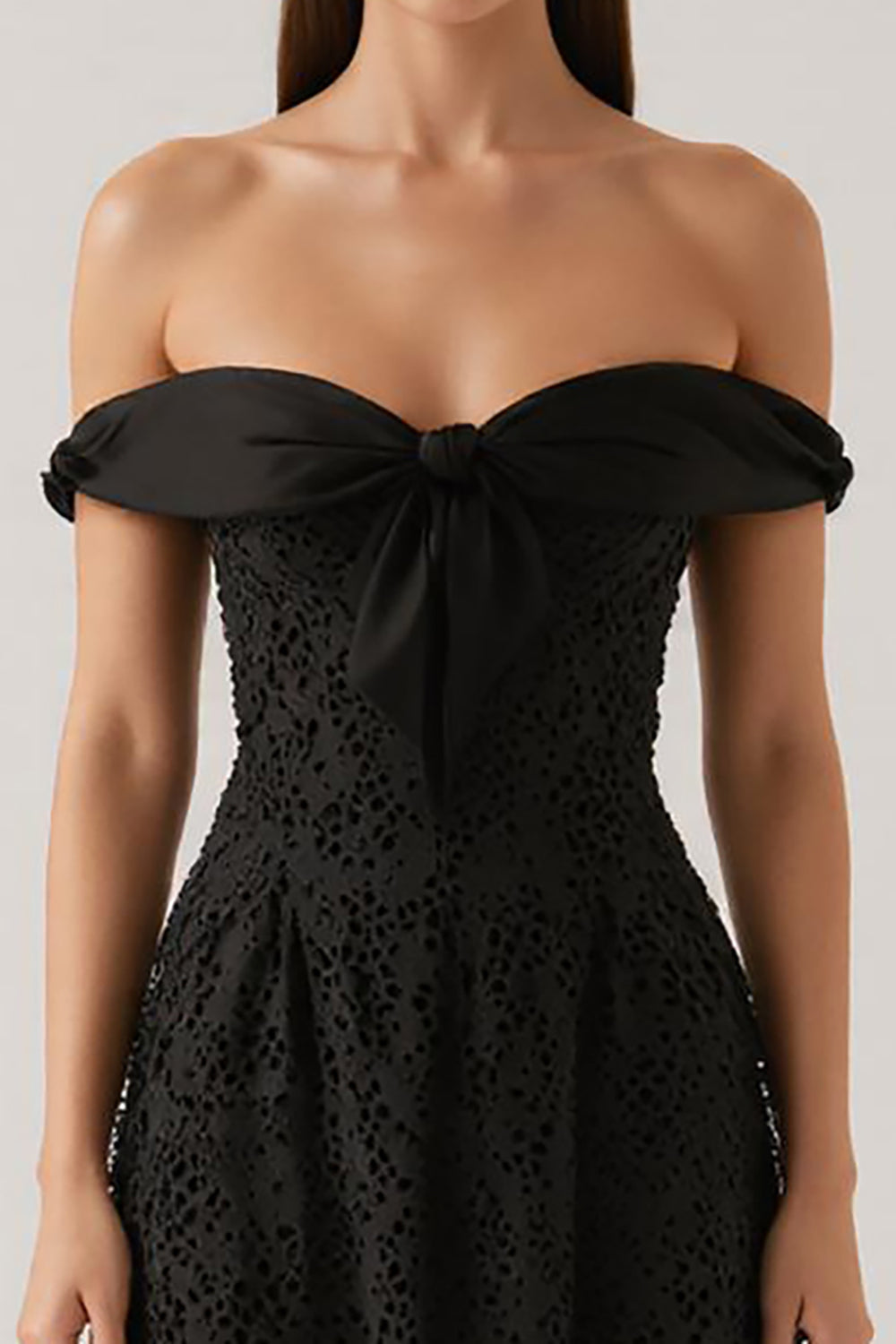 Black Lace A Line Off The Shoulder Short Cocktail Dress with Bow