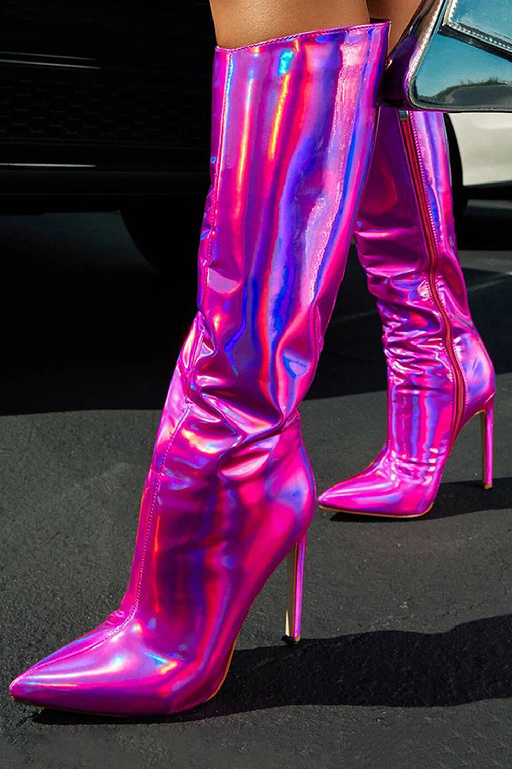 Sparkly Hot Pink Pointed Toe Stiletto High Heel Knee High Boots