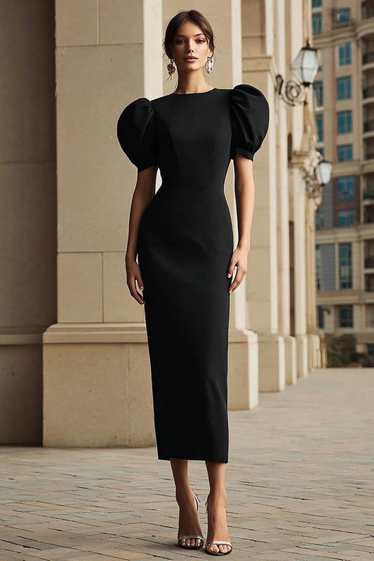 Black Sheath Puff Sleeve Midi Formal Dress
