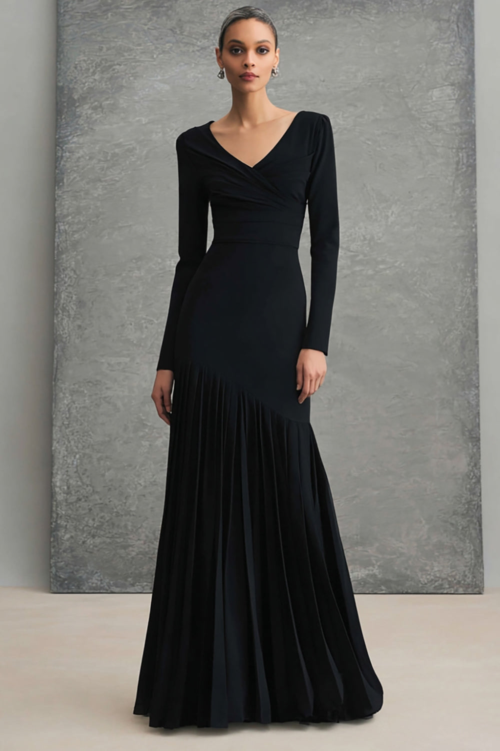 V Neck Black Crepe Chiffon Long Formal Dress with Ruffles