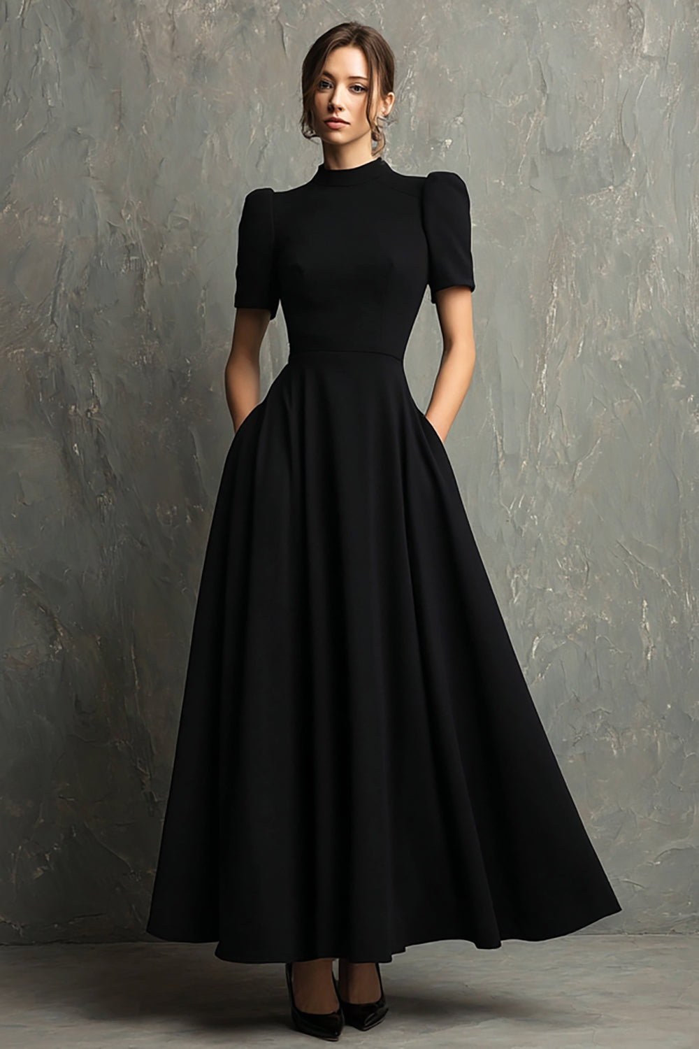 Black Crepe A Line Formal Dress with Short Sleeves