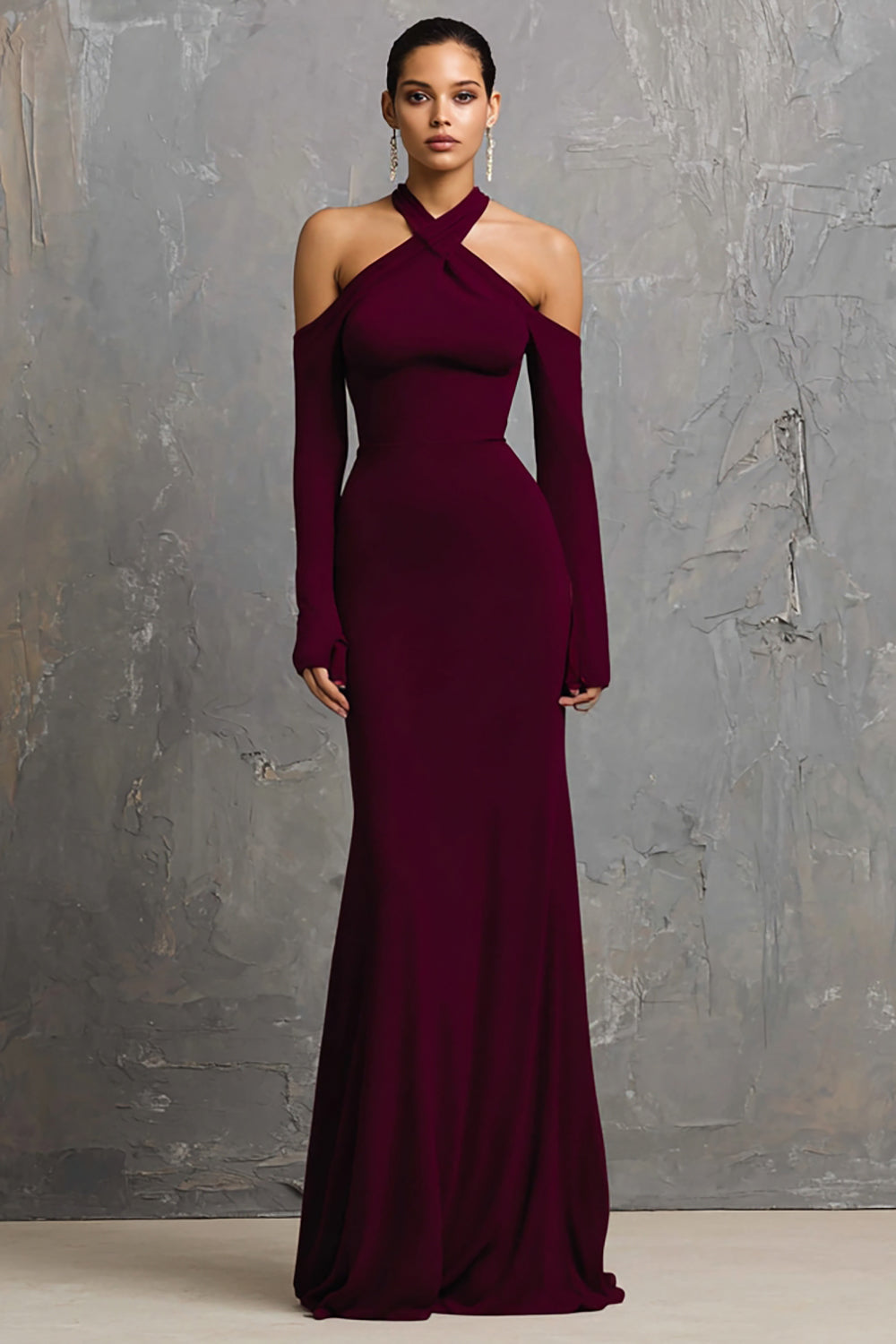 Burgundy Mermaid Spandex Long Formal Dress with Sleeve