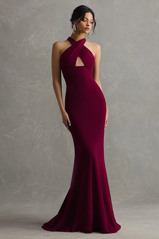 Burgundy Halter Mermaid Crepe Long Formal Dress