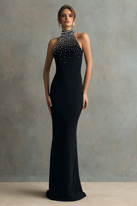 Sparkly Black Sheath Long Formal Dress with Beading
