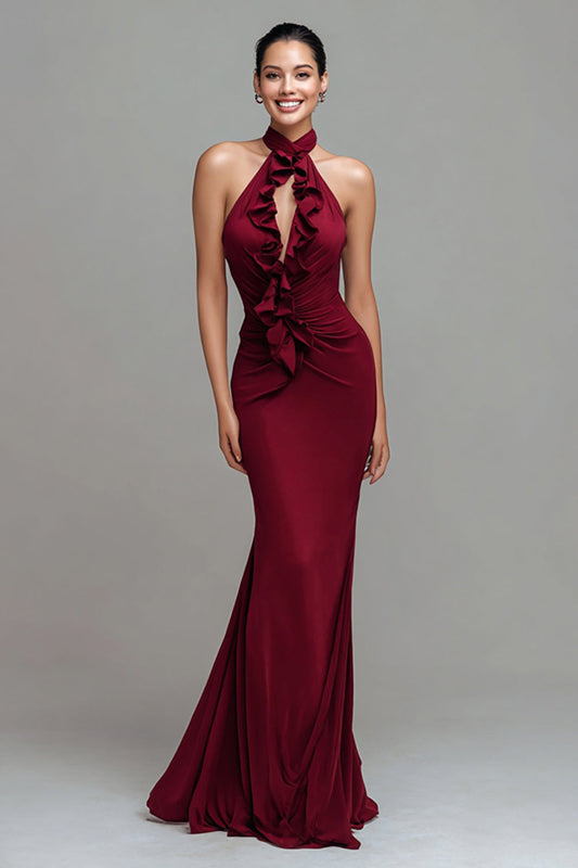 Halter Mermaid Keyhole Long Burgundy Formal Dress with Ruffles