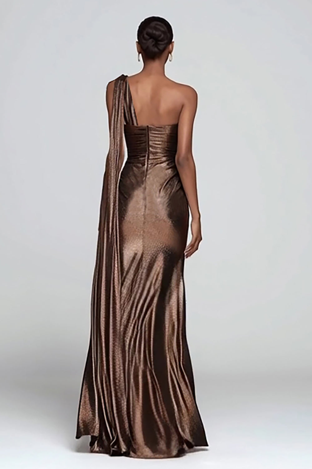 Brown Sheath One Shoulder Ruched Maxi Formal Dress with Slit