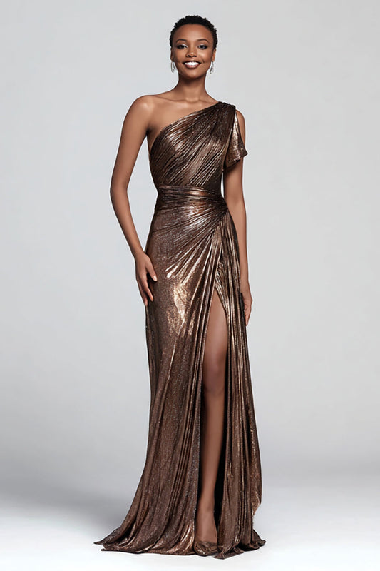 Brown Metallic Sheath One Shoulder Long Formal Dress