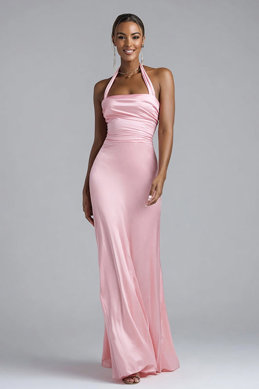 Pink Sheath Halter Satin Long Formal Dress