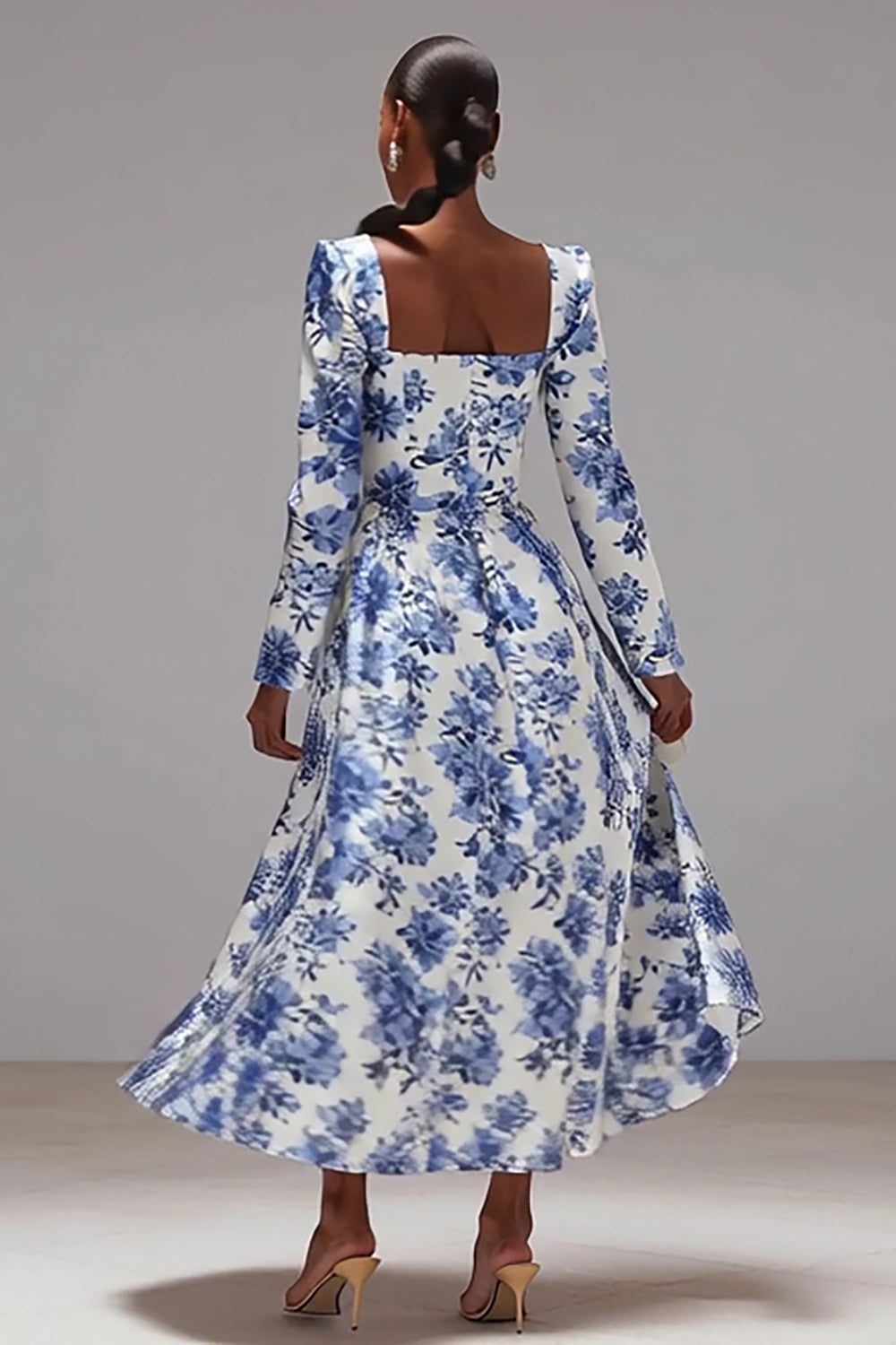 White and Blue Flower Square Neck A Line Maxi Formal Dress