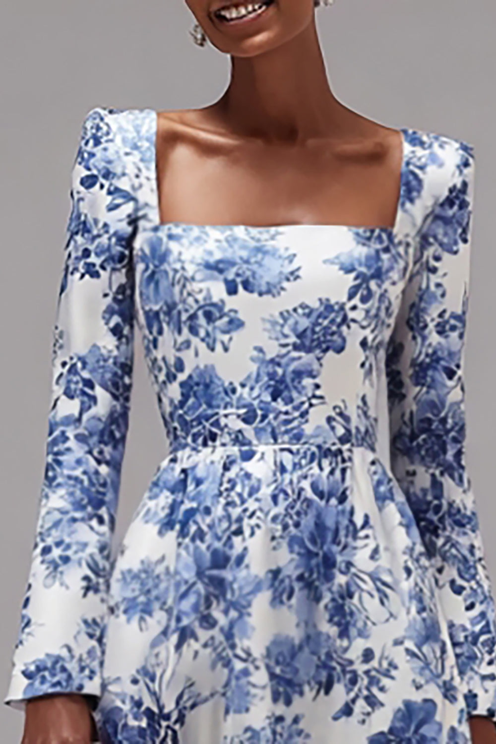 White and Blue Flower Square Neck A Line Maxi Formal Dress