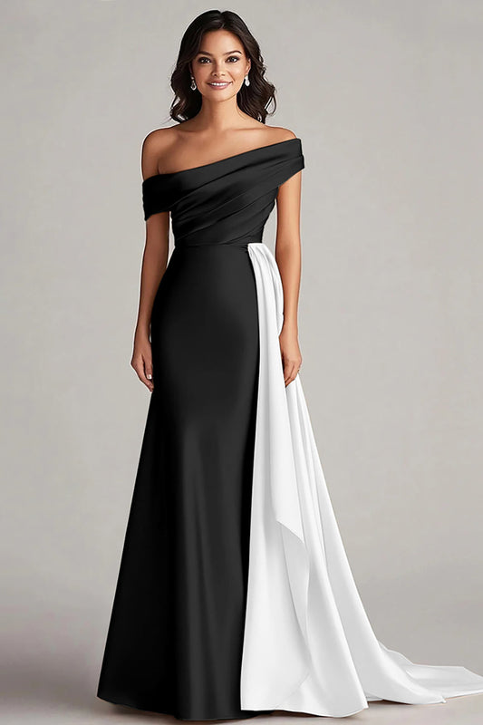 Off The Shoulder Black and White A-Line Formal Dress