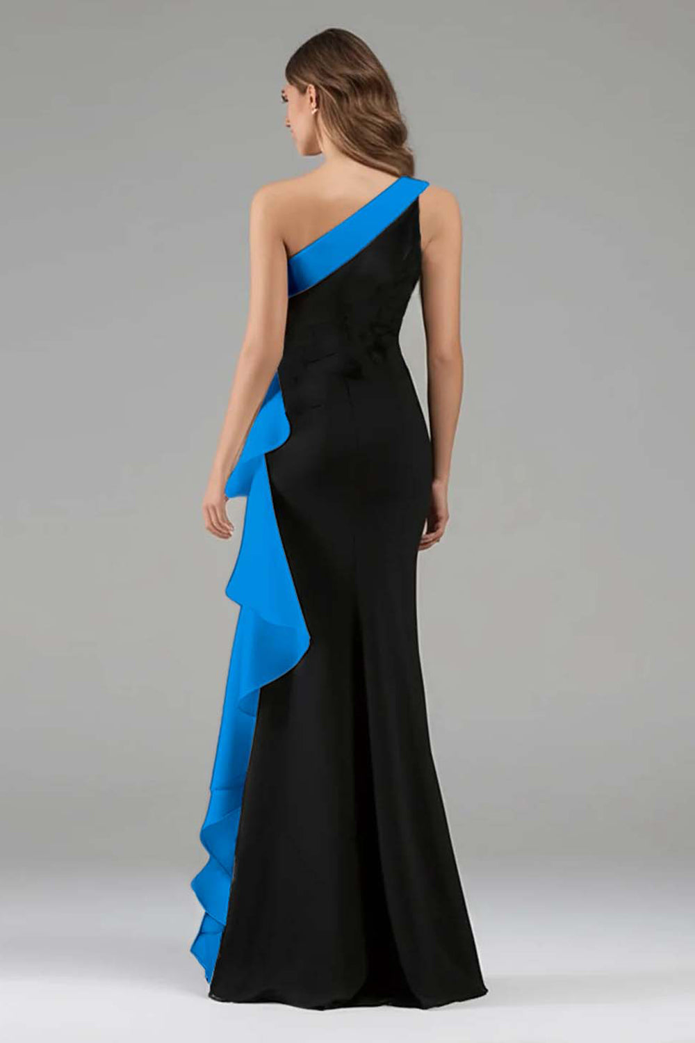 Mermaid One Shoulder Black and Blue Formal Dress With Ruffles