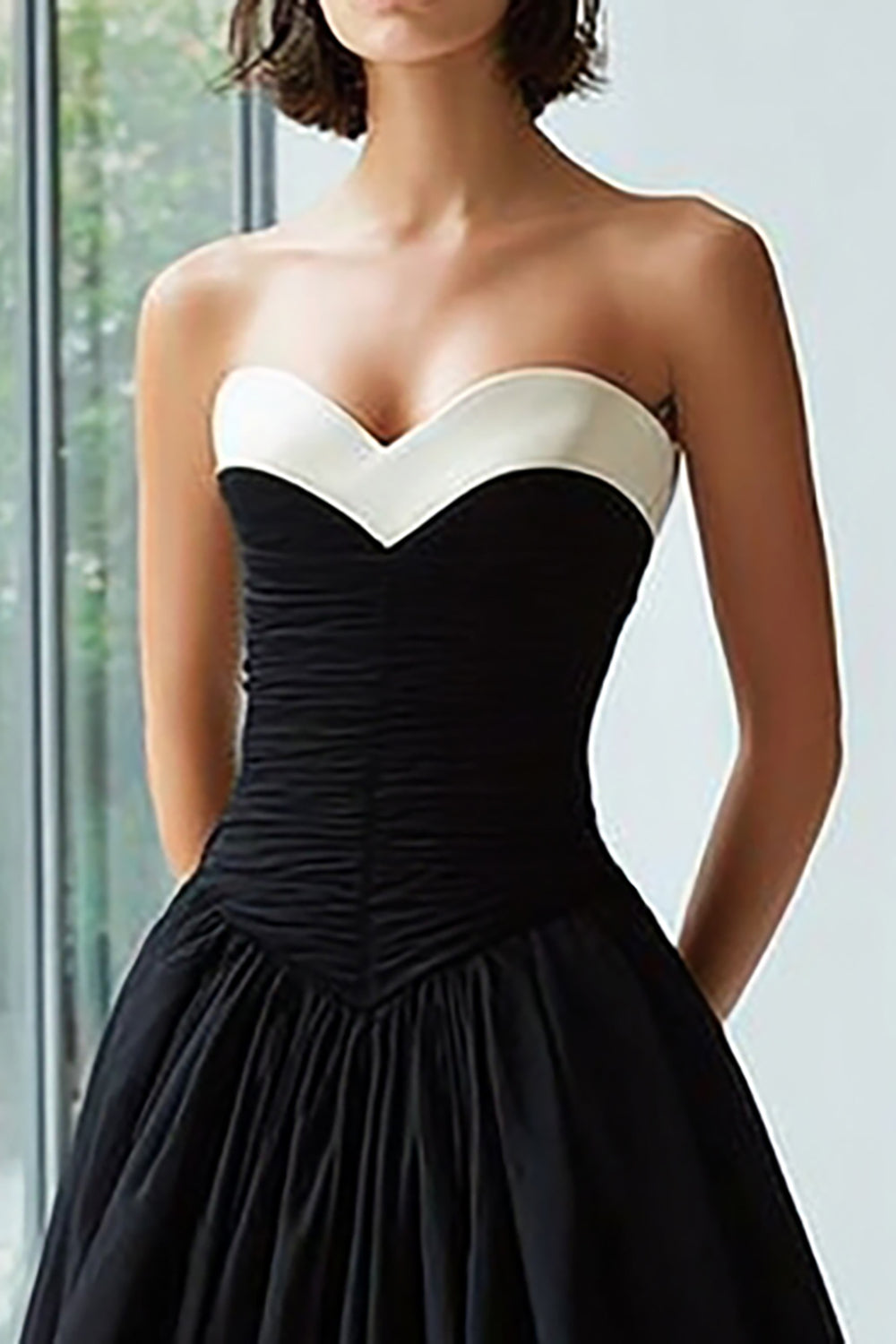 Strapless Black And White A Line Satin Formal Dress