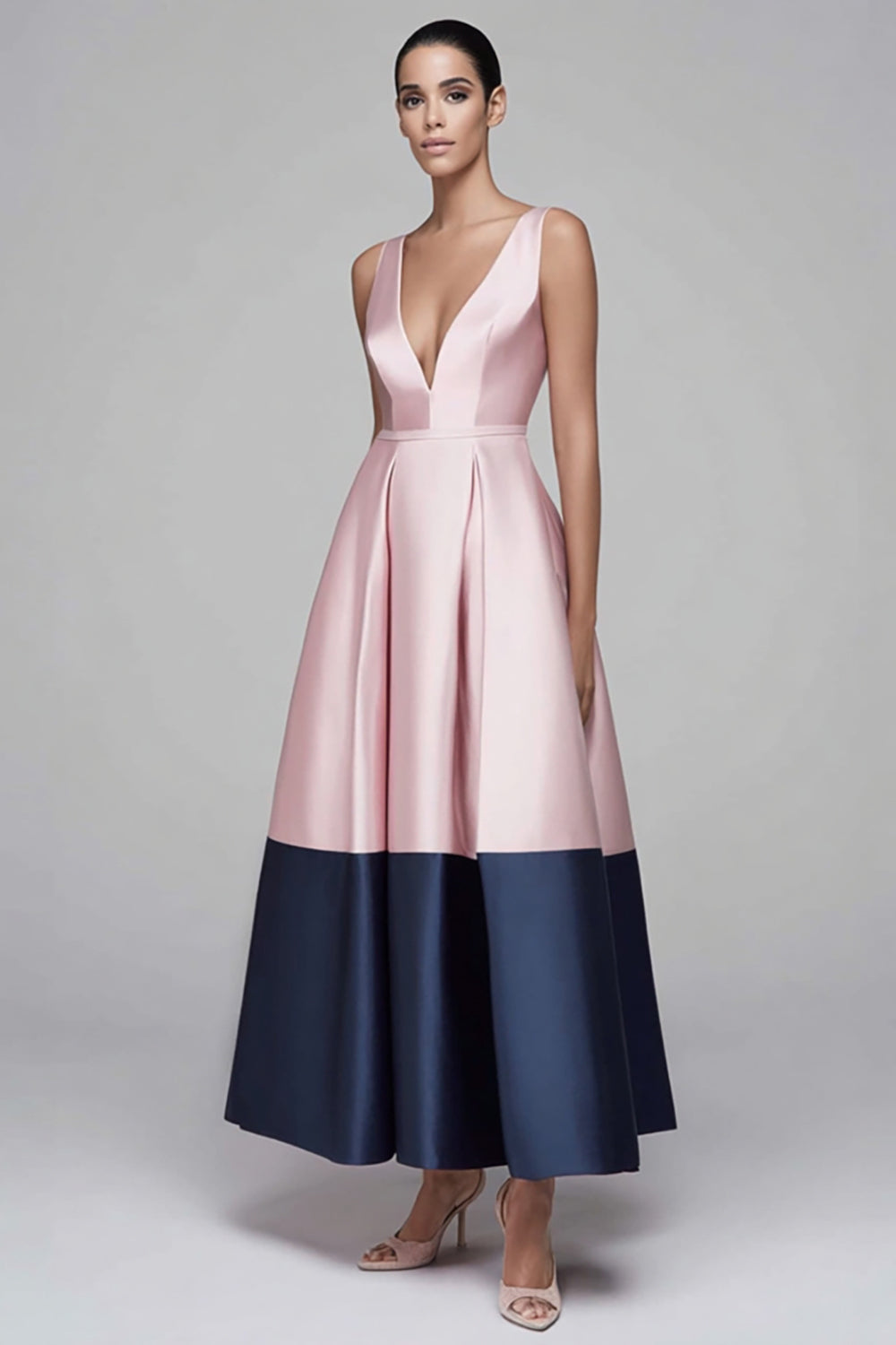 Pink And Navy V Neck A Line Formal Dress