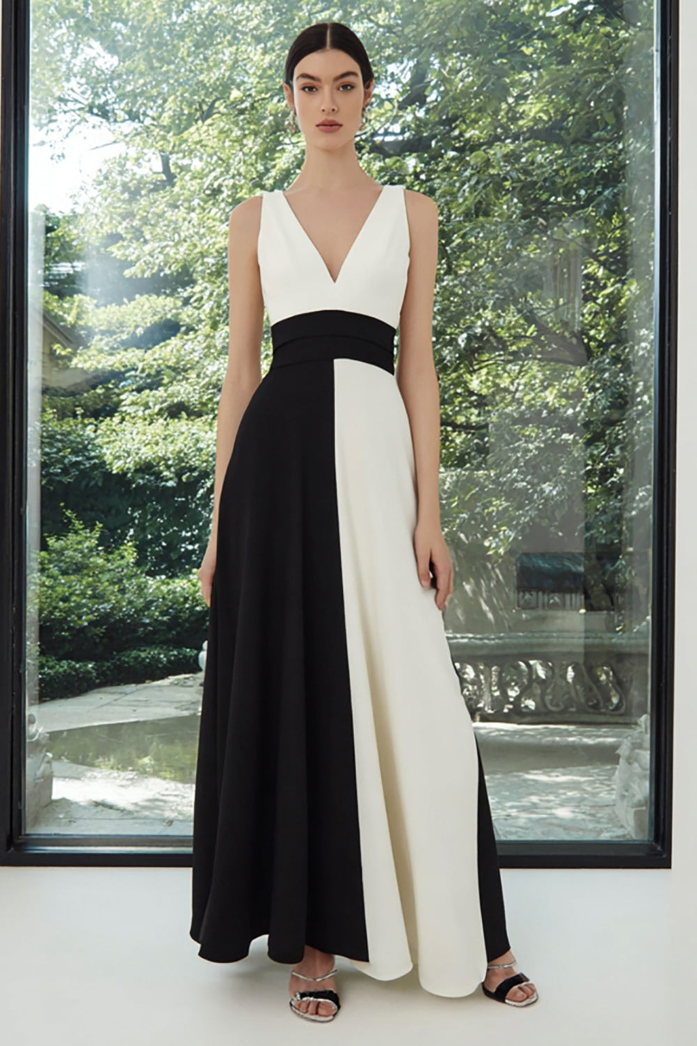Black and White Patchwork V-Neck A Line Long Formal Dress