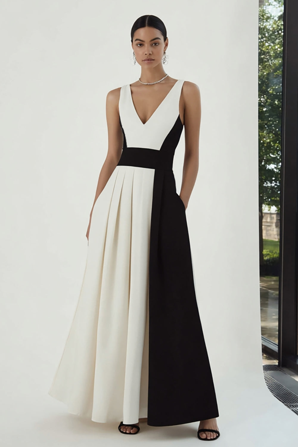 Black and White Patchwork V-Neck A Line Long Formal Dress with Pockets