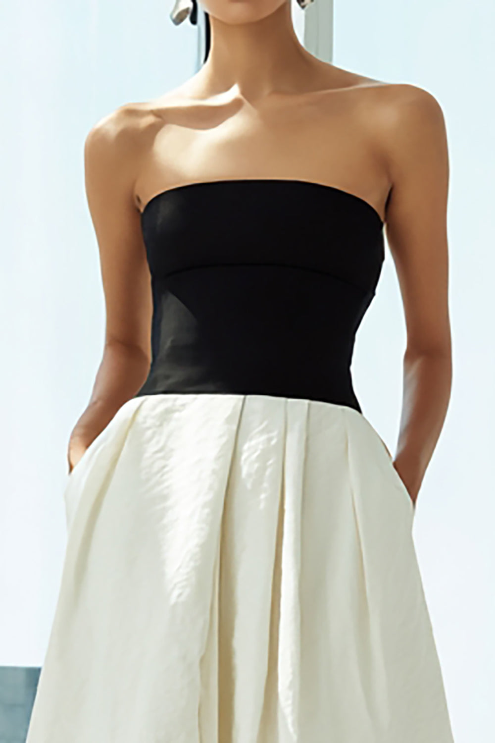 Simple Black and White A Line Strapless Long Formal Dress with Pockets