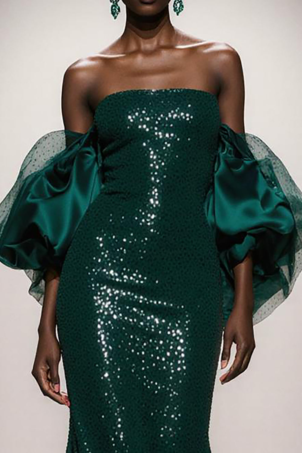 Sparkly Dark Green Strapless Sequin Mermaid Long Pageant Dress with Sleeves