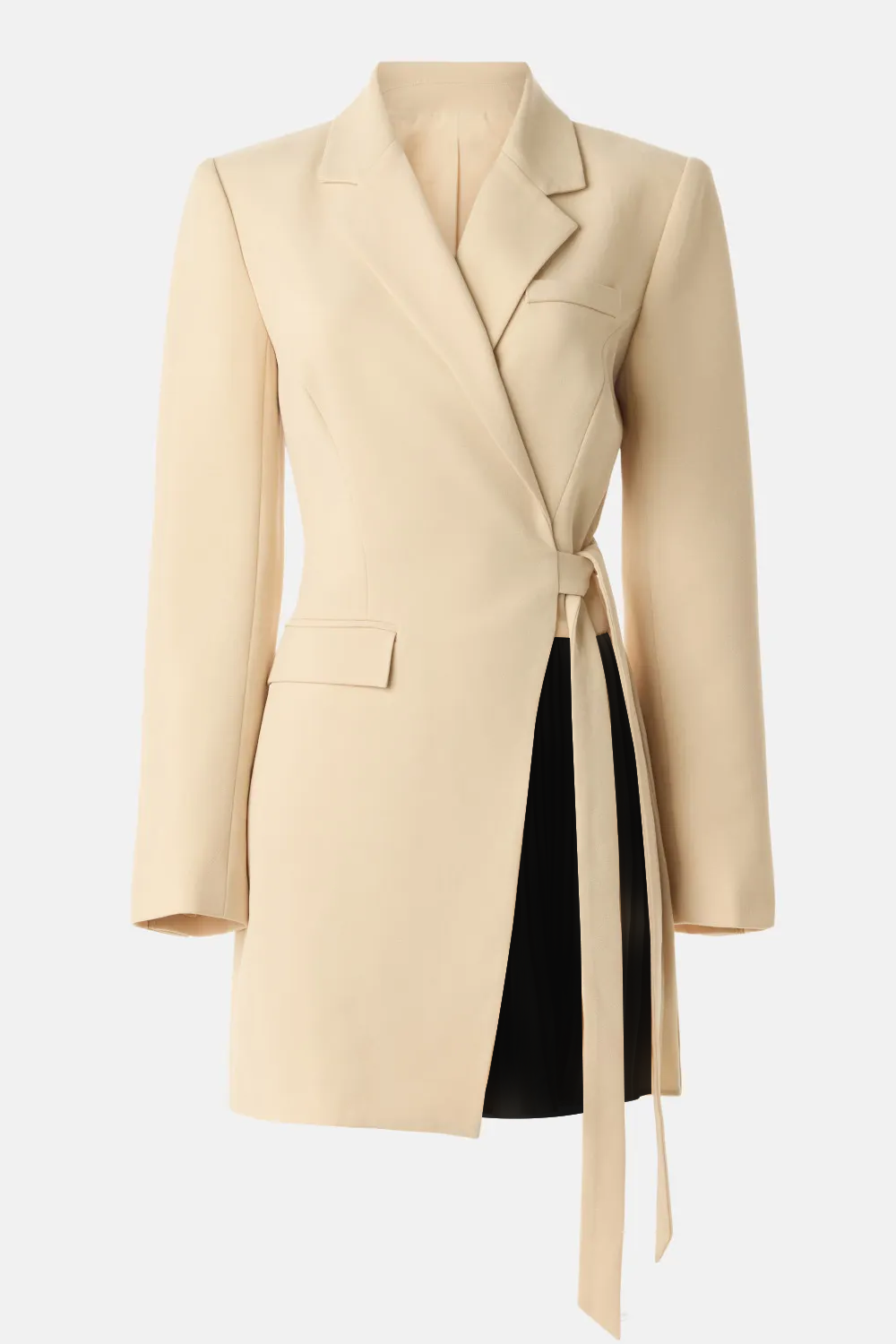 Champagne and Black A Line Notched Lapel Long Sleeves Short Work Dress with Sash