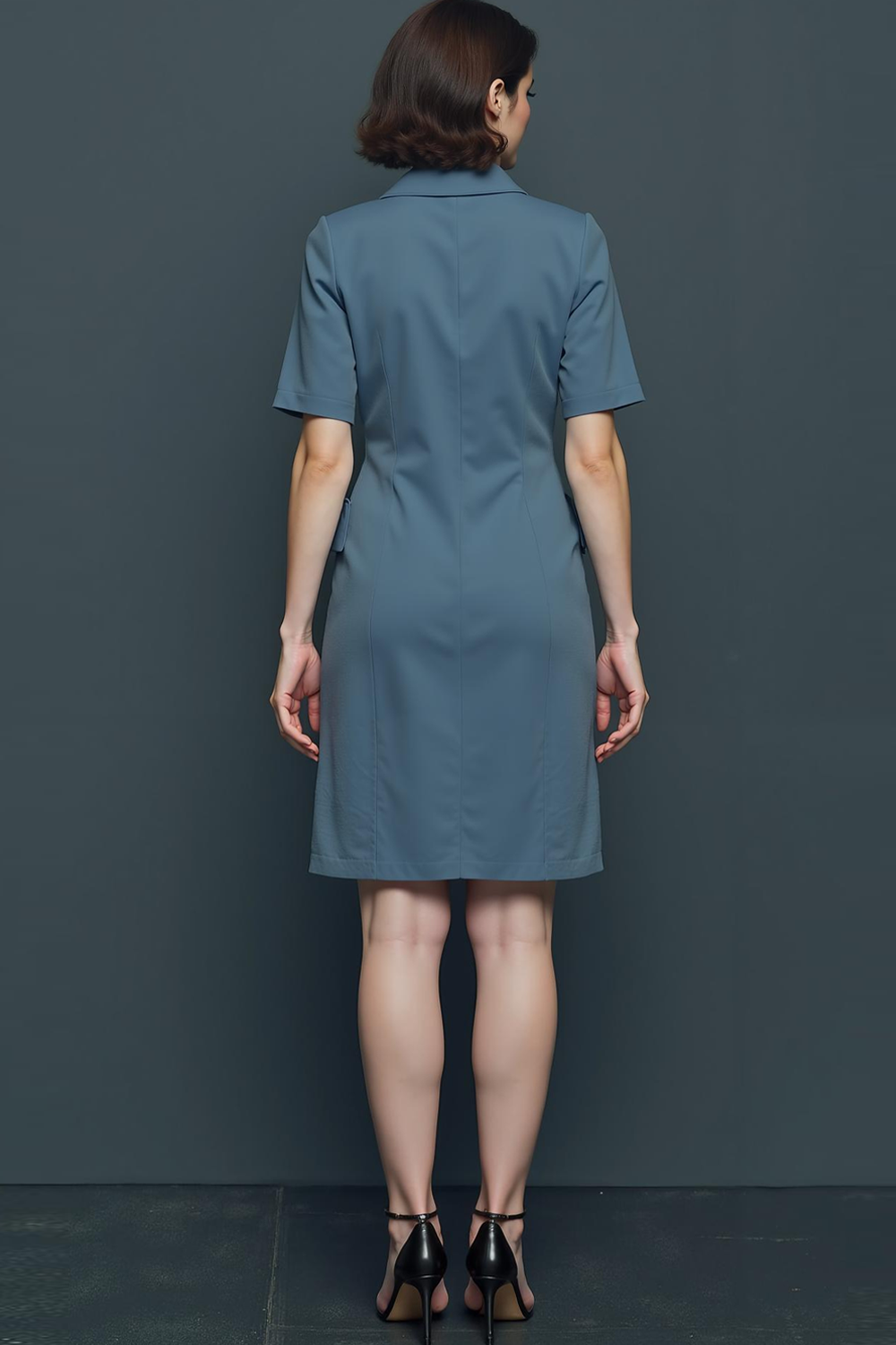 Dusty Blue Pencil Single Breasted Notched Lapel Midi Work Dress with Sleeves