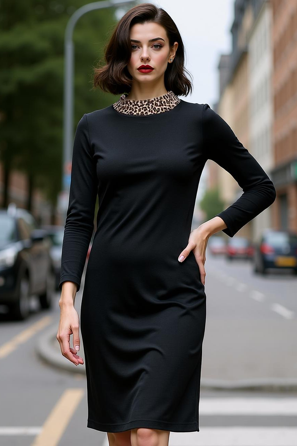 Black Pencil Round Neck Midi Work Dress with Sleeves