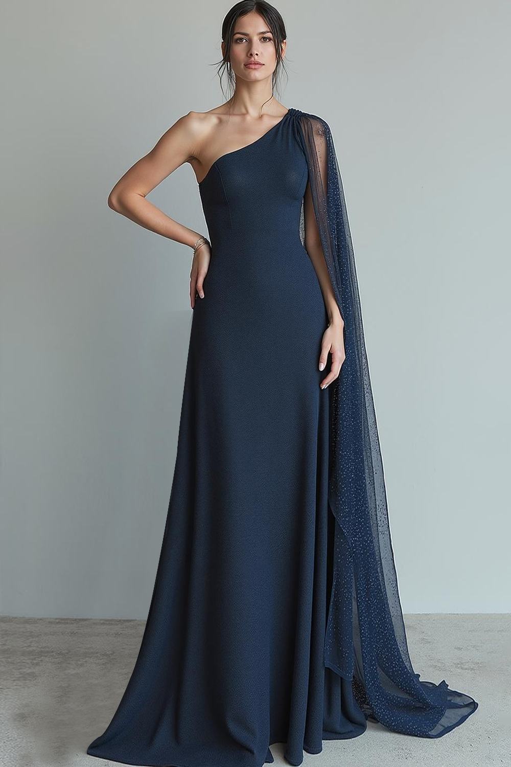 Navy Sheath One Shoulder Long Formal Dress with Cape