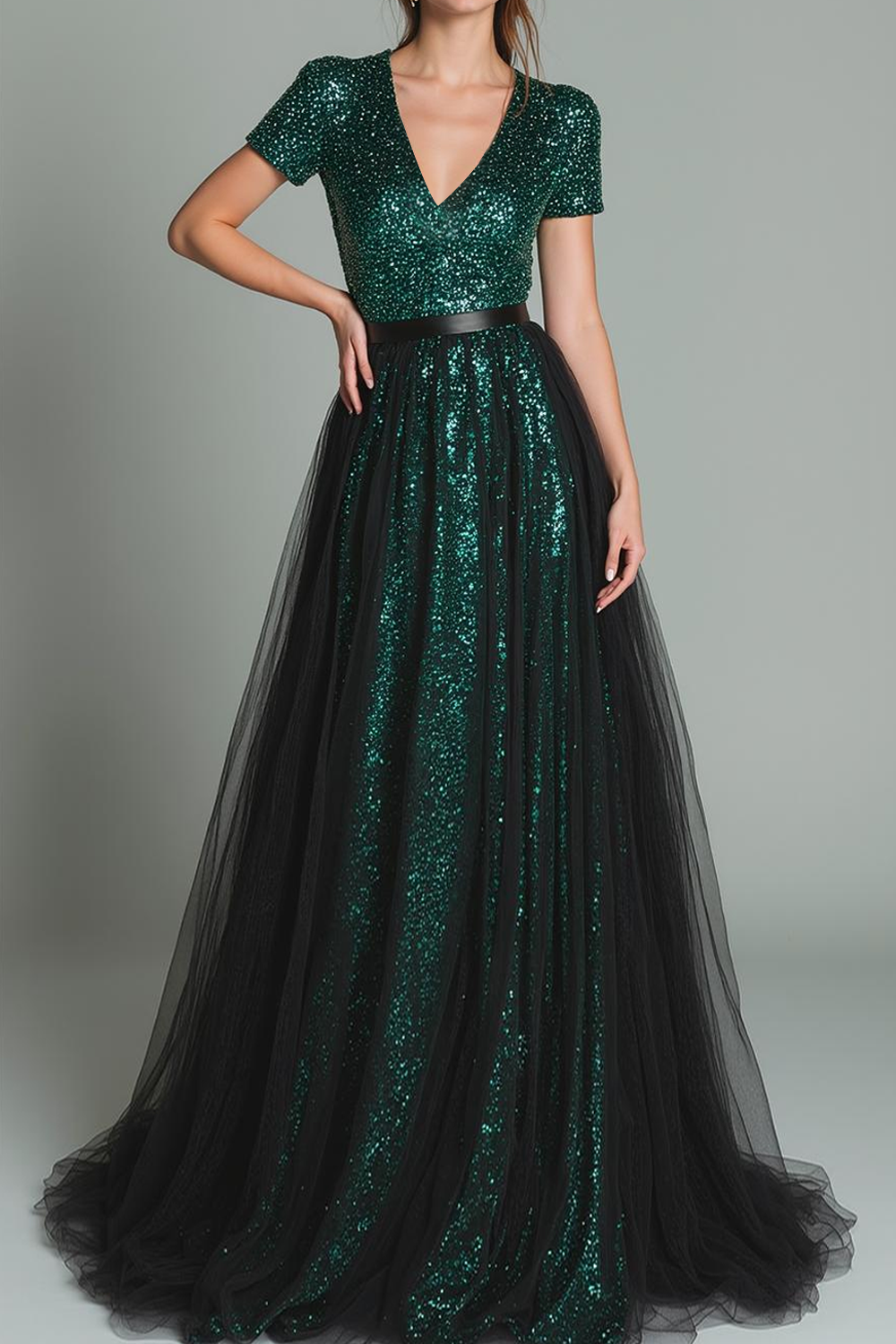 Sparkly Dark Green V-Neck Sequin A Line Long Formal Dress with Sleeves