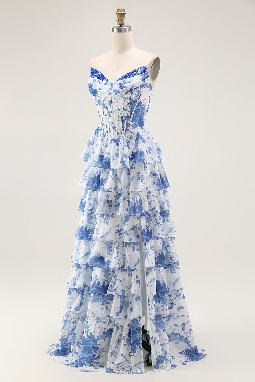 Blue White Flower A-Line Tiered Corset Long Prom Dress with Slit