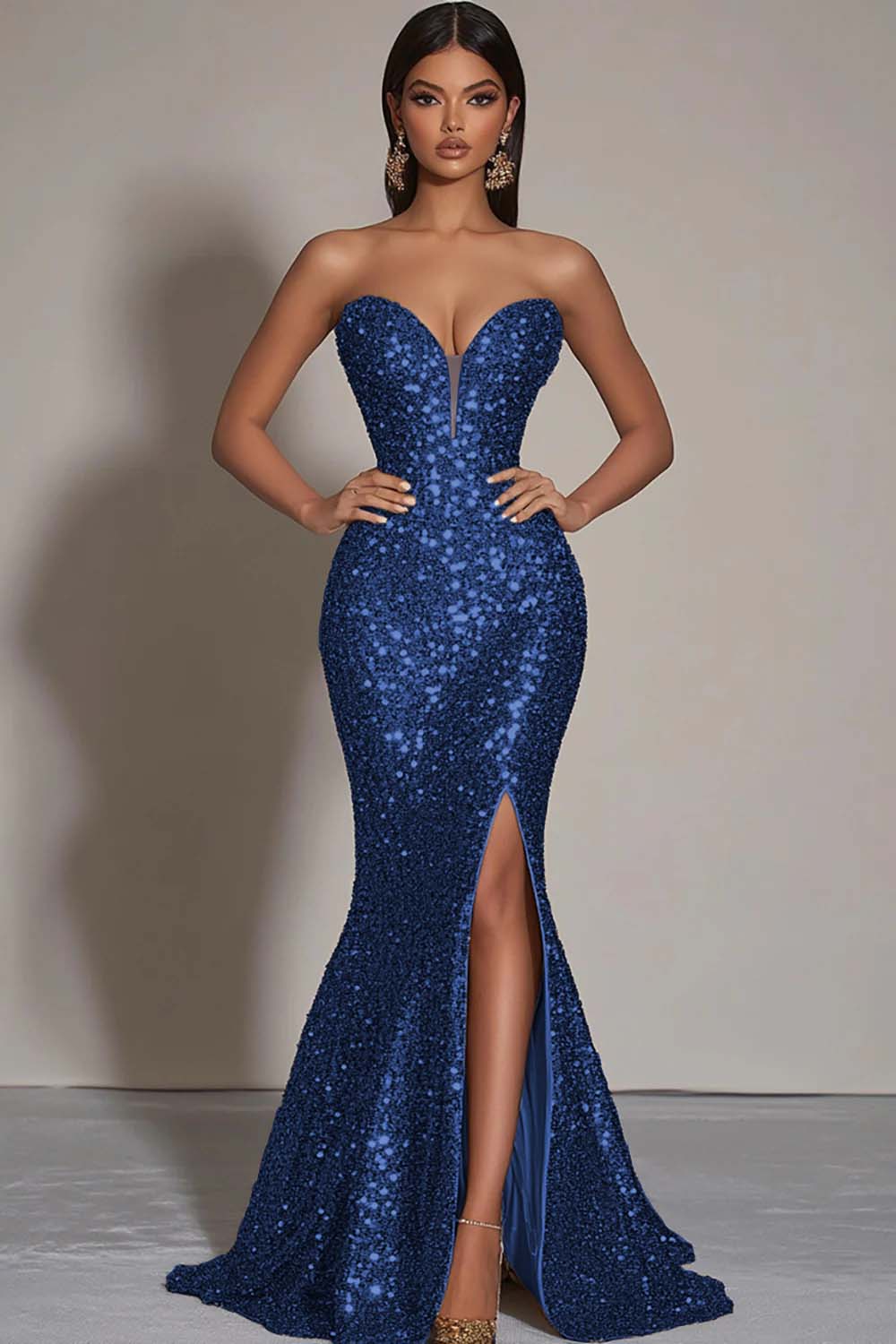 Sparkly Strapless Mermaid Gold Formal Dress With Slit