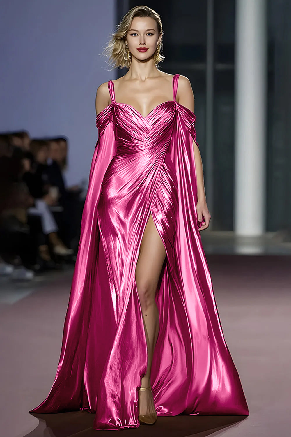 Coffee Metallic Cold Shoulder Long Gala Dress With Slit