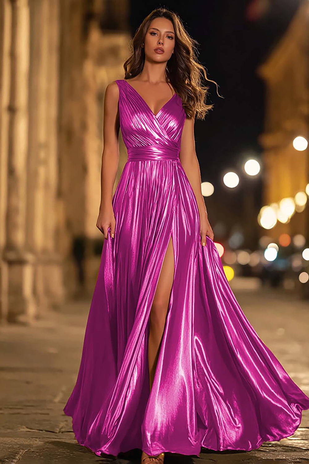 Metallic V-Neck A-Line Gold Long Formal Dress With Slit