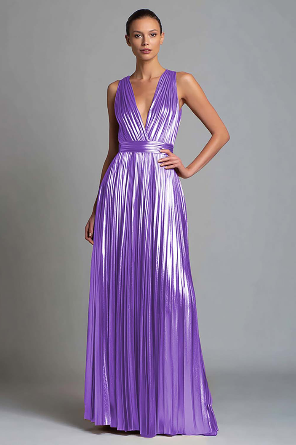 Gold A-Line V-Neck Metallic Long Formal Dress
