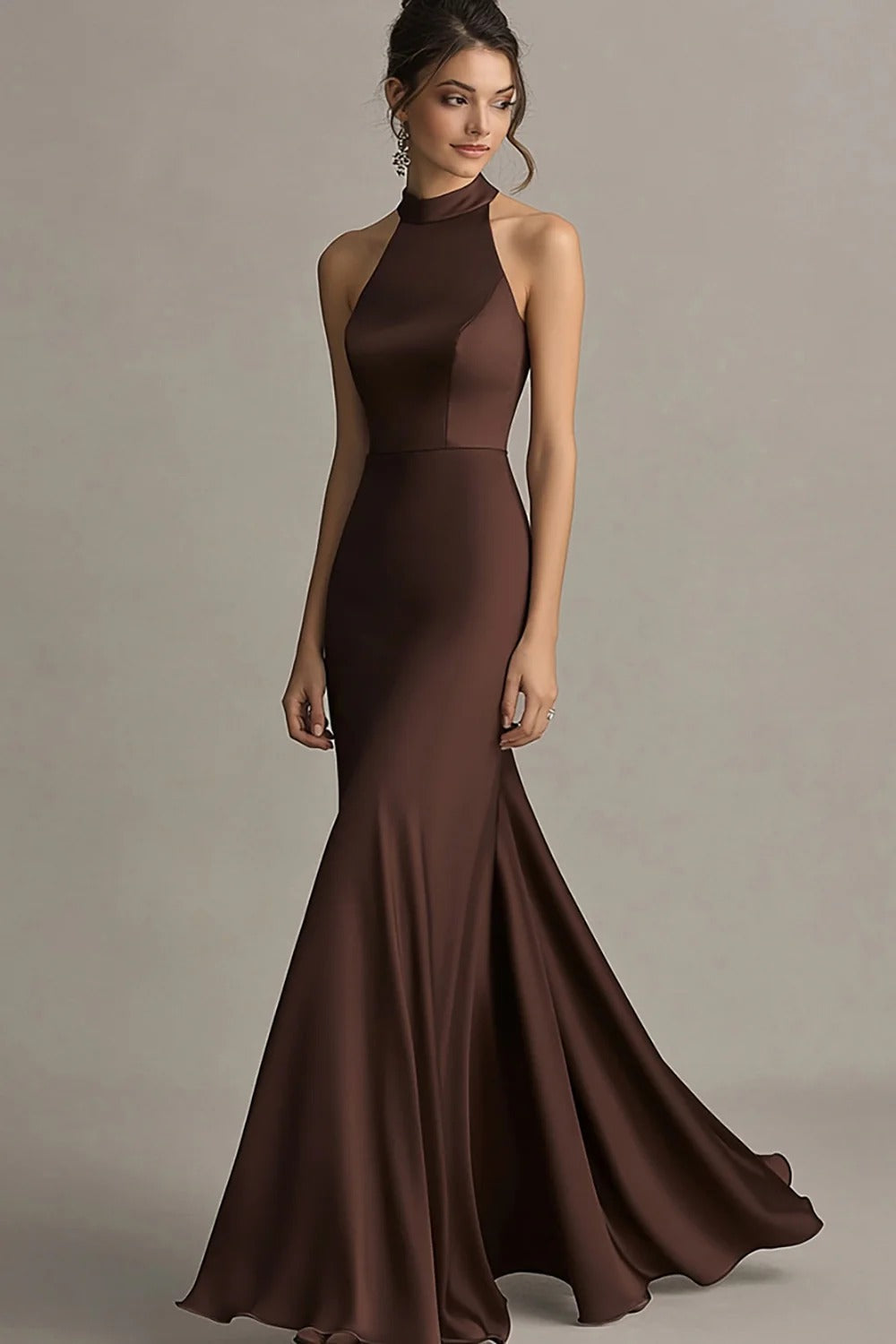 Coffee Mermaid Halter Neck Long Formal Dress
