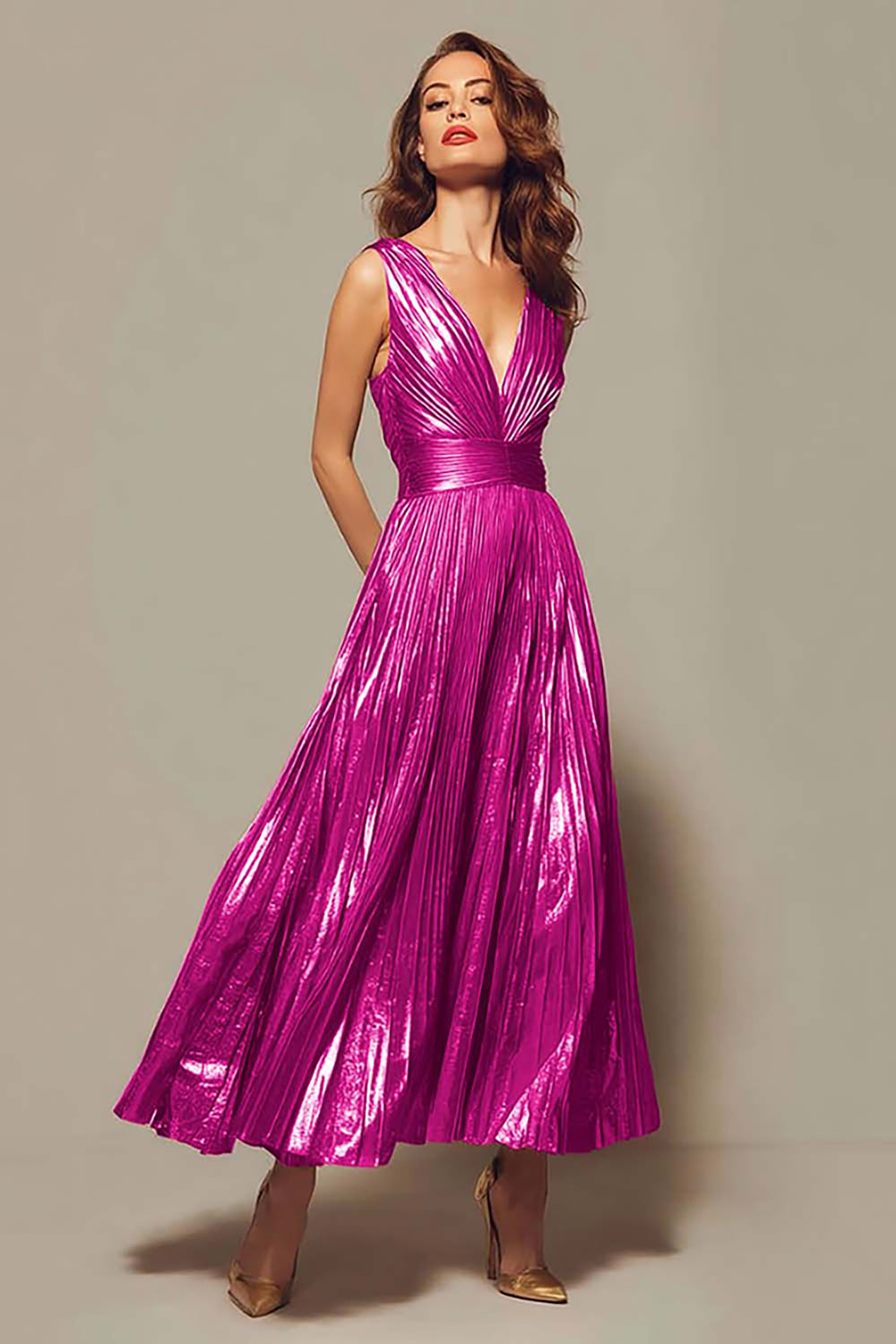 Fuchsia A-Line Metallic Pleated V-Neck Formal Dress
